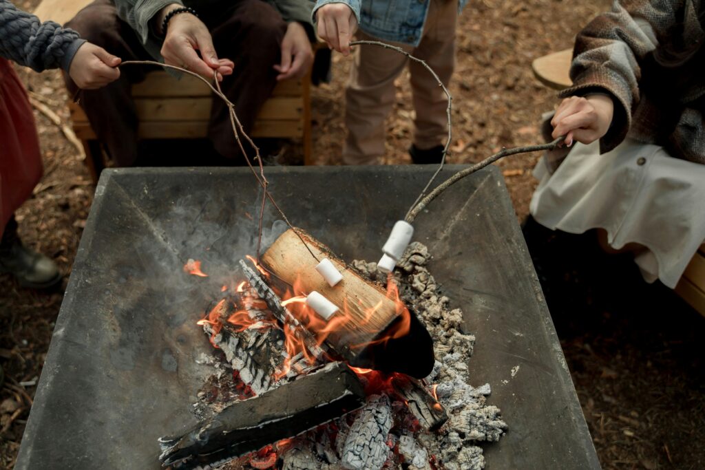 Four hands hold marshmallows on sticks over a wood fire